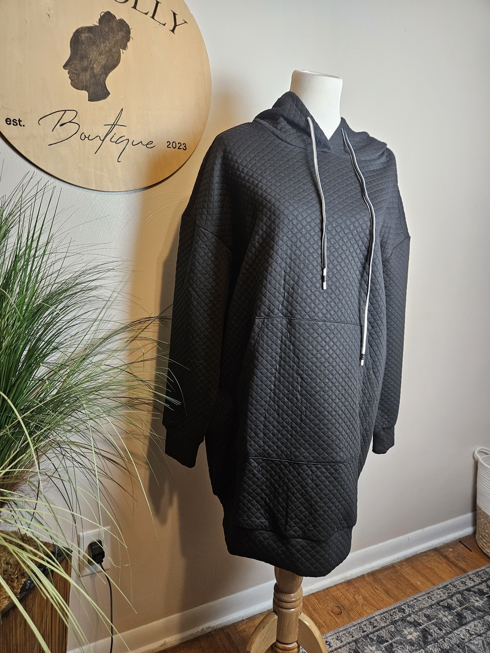 Quilted Hooded Turtleneck Sweater Dress - Black